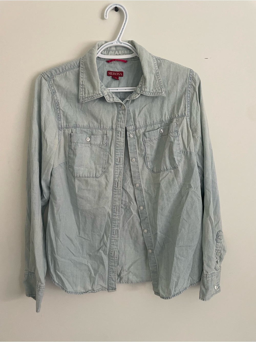 Merona Light Blue Denim-Style Shirt with Red Label Accent